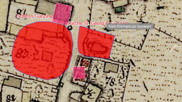 Roter Kreis, der einem Hakenkreuz ähnelt, in der Mitte einer Stadtkarte umgeben von Text und Zahlen.