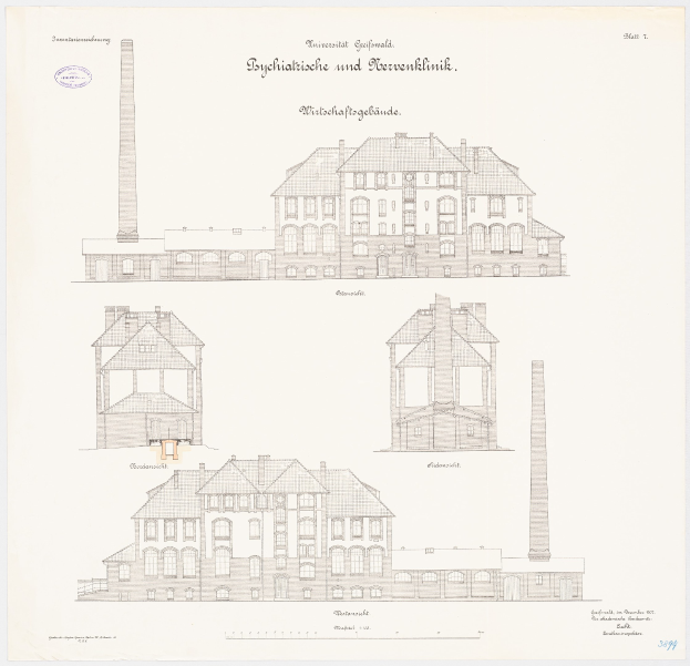 Schwarz-weiß-Zeichnung eines mehrstöckigen Gebäudes mit zahlreichen Fenstern und einem prominenten Schornstein, das als psychiatrische Klinik in Deutschland bezeichnet wird, mit begleitendem Text auf dem Papier.