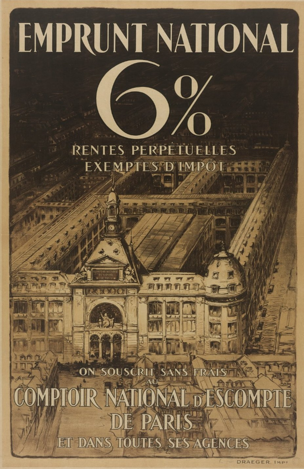 Plakat mit einem zweistöckigen Gebäude mit rotem Dach und weißen Wänden, begleitet von fetter schwarzer Schrift, die "emprunt national 6% - rentes perpetuelles exemptes impot" auf einem hellblauen Hintergrund liest.