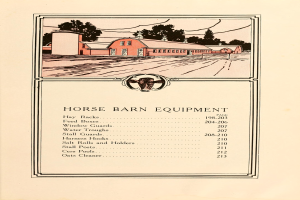 Ein Buch mit einem Coverbild von Pferdestallausrüstung, umgeben von Häusern und Bäumen, mit sichtbarem Text, der die Ausrüstung beschreibt.