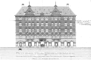 Schwarze und weiße detaillierte Zeichnung des Ritz-Carlton Hotels in Hamburg, Deutschland, mit einem Gebäude mit zahlreichen Fenstern und sichtbarem Text.
