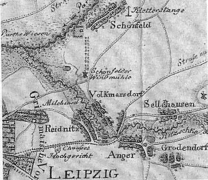 Detailierte alte Karte von Leipzig, Deutschland, zeigt Straßen, Gebäude und Sehenswürdigkeiten mit begleitendem Text über die Bevölkerung, Straßen und bekannte Orte der Stadt.