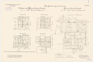 Grundrisszeichnung des ehemaligen Bundeskanzleramts mit detaillierten Architekturplänen und Texten.