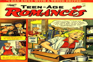 Ein Plakat mit einer Gruppe von Menschen in inniger Umarmung, die sich verliebt in die Augen schauen, mit der Aufschrift "Teen-Age Romances 23-A by DC" in fetter Schrift oben.