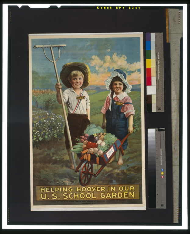 Zwei Kinder, ein Junge mit Hut und ein Mädchen mit einem Stock, stehen neben einem Karren mit Gemüse in einem Garten mit blühenden Pflanzen und einem bewölkten Himmel; Text unten lautet "Helping Hoover in our U.S. School Garden".