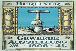 Plakat mit einer Hand, die einen Hammer hält, Text auf Deutsch: "Berliner Gewerbeausstellung vom 1-1-1896", wahrscheinlich Ankündigung eines Ereignisses in Berlin im Jahr 1896.