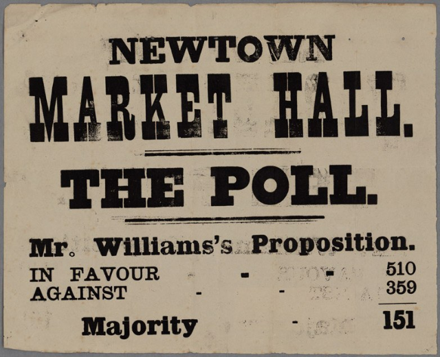Papier mit handgeschriebenem Text "Newtown Market Hall, die Wahl, Mr. Williams' Proposition für gegen Mehrheit."