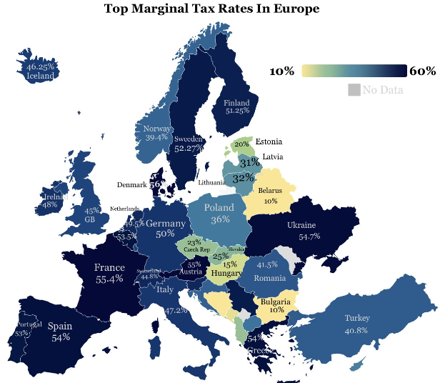Eine Europakarte, die die höchsten Steuersätze pro Land anzeigt, mit der Überschrift "Höchste Steuersätze in Europa" oben.