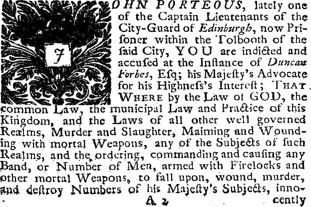 Schwarz-weißes Bild eines Mannes in Anzug und Krawatte mit einem Dokument mit Text und einem Design, betitelt "John Porteous" und enthaltend eine Anklage.