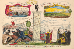 Ein buntes Blatt mit fetter Schrift und Bildern von verschiedenen, strahlenden Menschen, das eine Parlamentsreform mit Hoffnung und Optimismus zeigt.