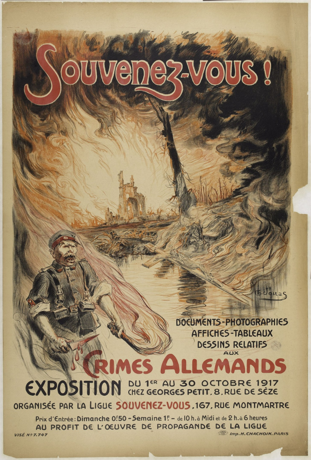 Plakat für die Ausstellung "Souvenez-vous Crimes Allemands" mit einer zentralen Figur, die ein menschliches Gesicht und Text mit Ausstellungseinzelheiten zeigt.