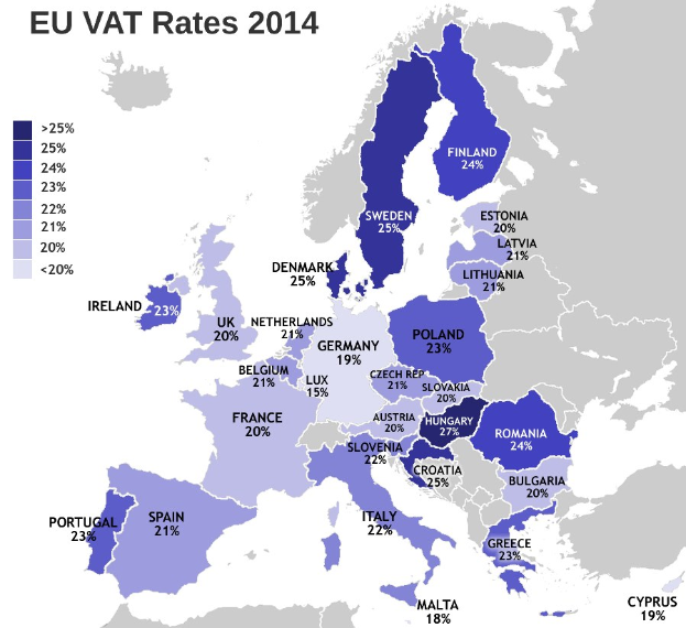 Eine Europakarte, die die EU-Mehrwertsteuer-Sätze für 2014 mit Prozentangaben und Textbeschriftungen zeigt.