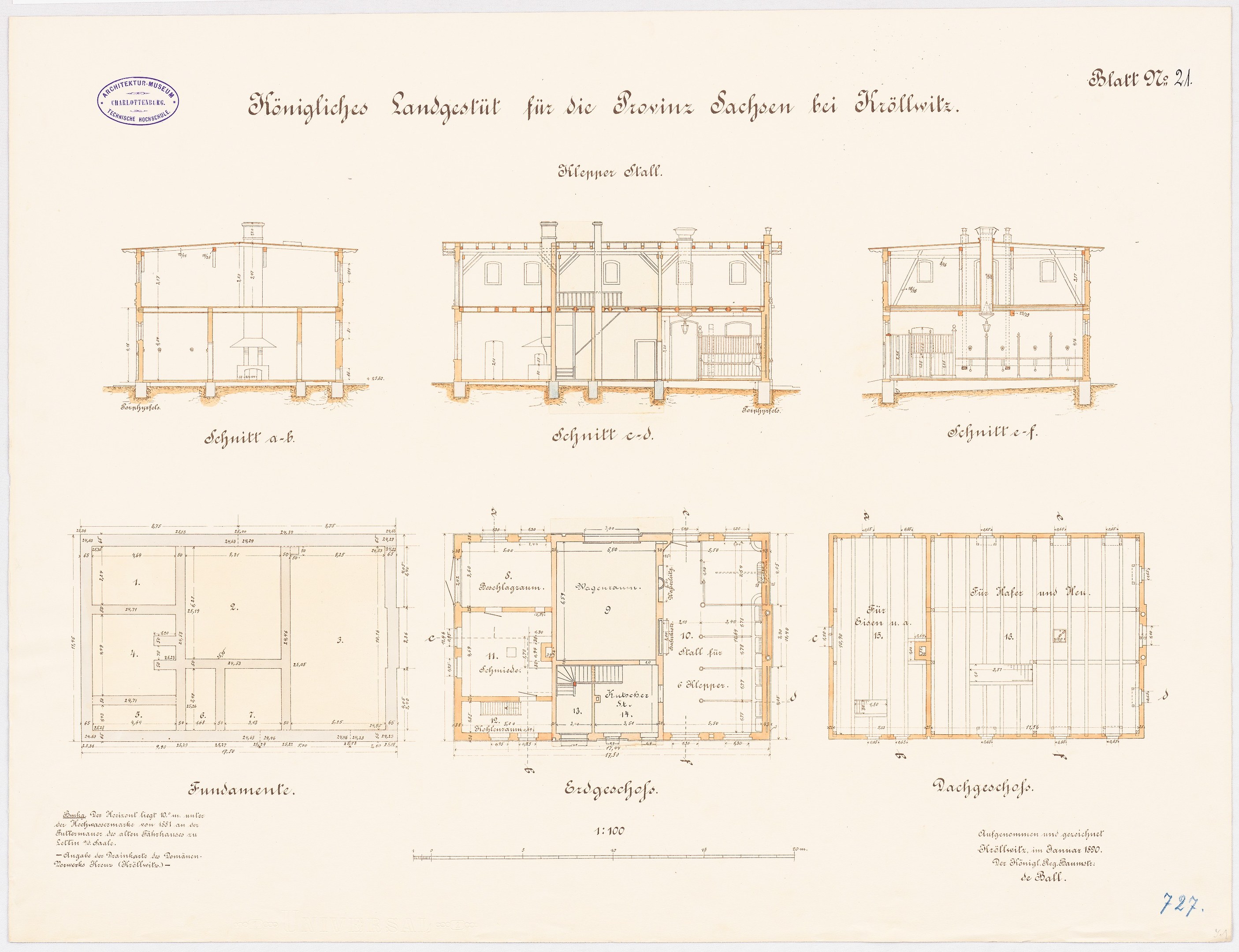 Farbiges architektonisches Zeichnung eines mehrstöckigen Hausplans mit detaillierten Raumlayouts und Anmerkungen auf Papier.