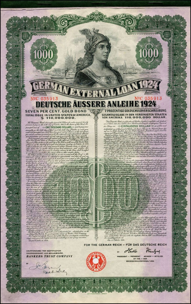 Deutsches Auslandsanleihe-Zertifikat von 1924 mit Abbildung einer Frau, gedrucktem Text und numerischen Nennbetragsdetails.