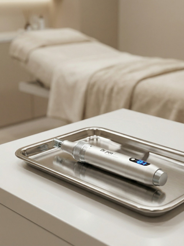 Professionelles Microneedling-Instrument auf einer sterilen Unterlage in einem modernen Kosmetikstudio.