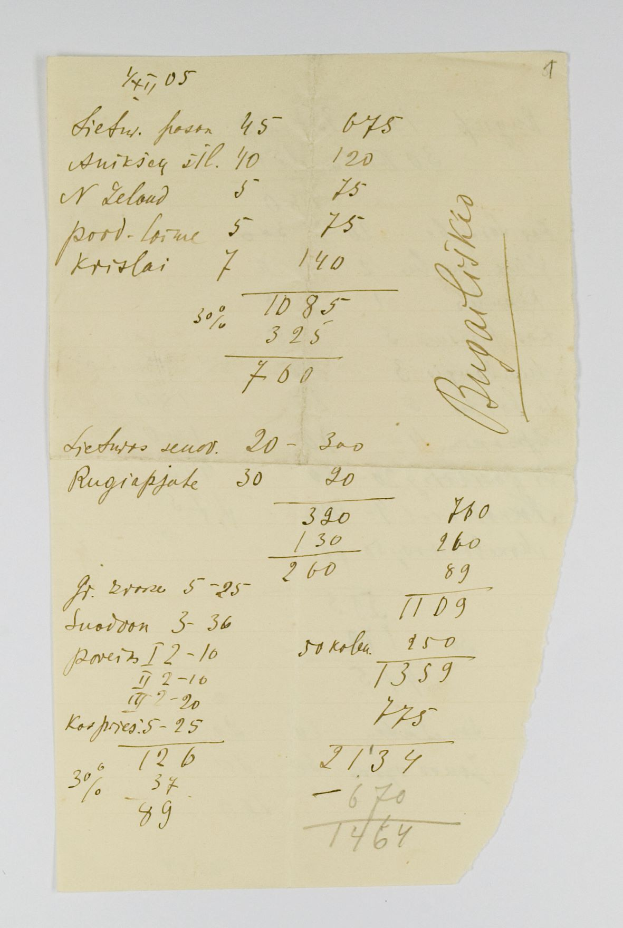 Ein gelbliches, altes Stück Papier mit sauberer, lesbarer Handschrift, das wie ein Bankkassenzettel aussieht.