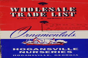 Ein rotes, weißes und blaues Buch mit dem Titel "Hogansville Nurseries Wholesale Trade List."