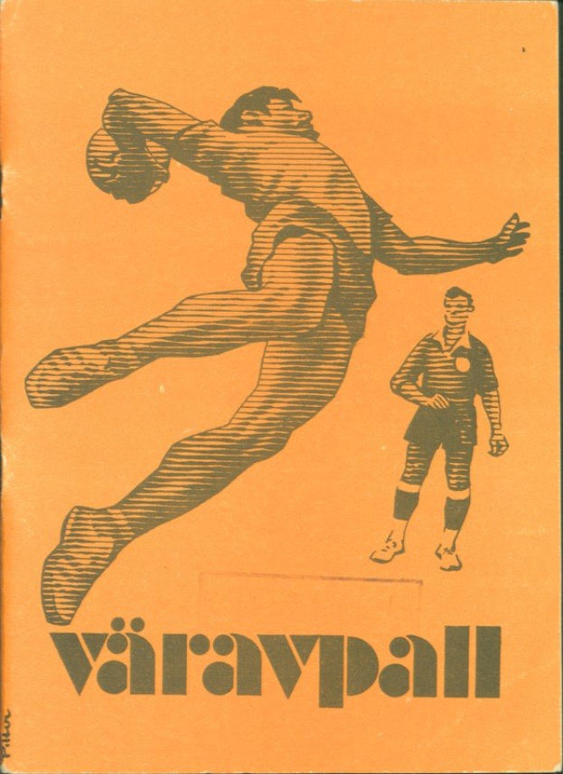 Buchumschlag mit einem Mann in Fußballuniform, der einen Fußball tritt, mit entschlossener Miene und dem Text "Värvall Football Programme".