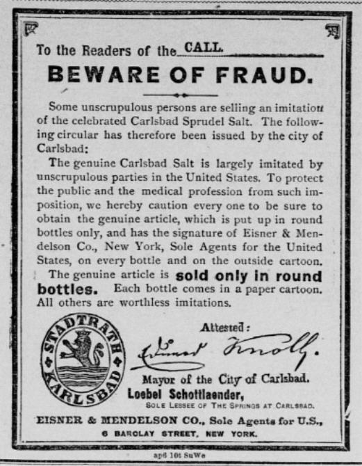 Schwarzes und weißes Poster mit Betrugswarnung und dem Text "Carlsbad Spruud Salt" sowie einem dazugehörigen Logo.