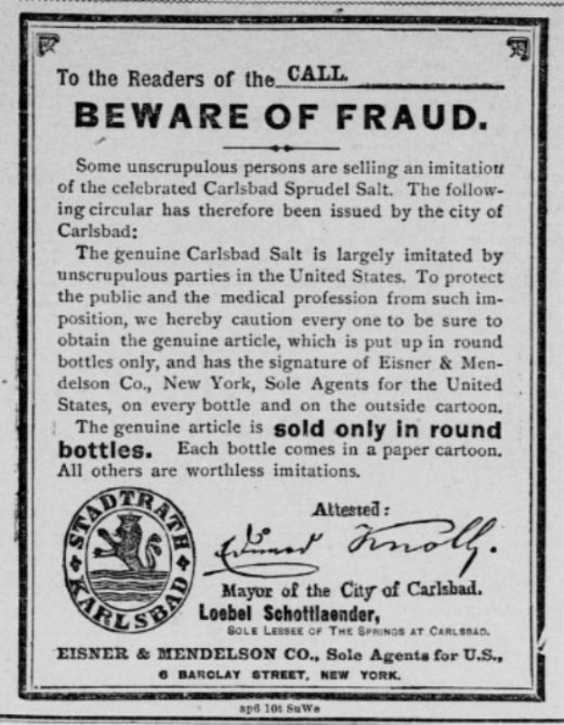 Schwarzes und weißes Poster mit Betrugswarnung und dem Text "Carlsbad Spruud Salt" sowie einem dazugehörigen Logo.