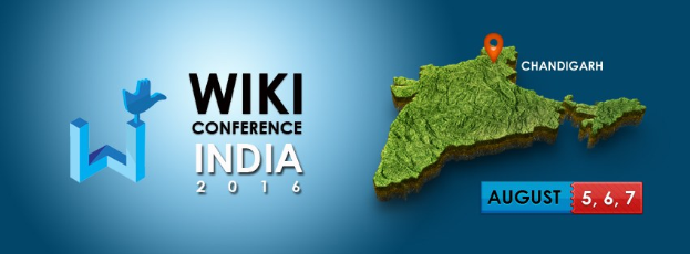 Eine Karte von Indien, die Chandigarh hervorhebt, mit dem Text "Wiki Conference India 2016" in fetter Schrift, zeigt geografische Merkmale wie Berge, Flüsse und Städte.