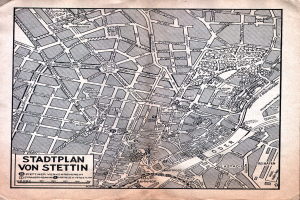 Ein altes, detailliertes Papier-Stadtplan von Stuttgart, der Straßen, Gebäude und Sehenswürdigkeiten zeigt, mit zusätzlichem Text.