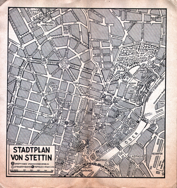 Ein altes, detailliertes Papier-Stadtplan von Stuttgart, der Straßen, Gebäude und Sehenswürdigkeiten zeigt, mit zusätzlichem Text.