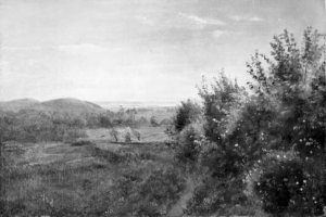 Ein Schwarz-Weiß-Landschaftsfoto mit Bäumen, Pflanzen, Gras, Hügeln und einem bewölkten Himmel, mit dem Text "James Tissot - Landschaft mit Blick auf das Tal" unten.