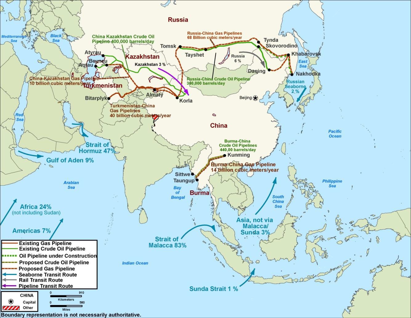 Detailreiche Weltkarte mit geplanten Öl- und Gas-Pipelines, enthält Länder, große Städte, Gewässer und Erklärungstext.