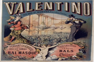 Ein Plakat, das eine Valentinstagsparty in Paris ankündigt, zeigt einen Mann in Zylinder und eine Frau in einem langen Kleid nebeneinanderstehend, mit Text, der das Ereignis beschreibt.