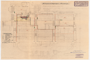 Schwarze und weiße architecturale Zeichnung des Rosenhof-Krankenhauses in Hamburg, Deutschland, die detaillierte Layout mit zahlreichen Drähten zeigt, die elektrische oder strukturelle Pläne angeben, begleitet von handschriftlichen Textanmerkungen.