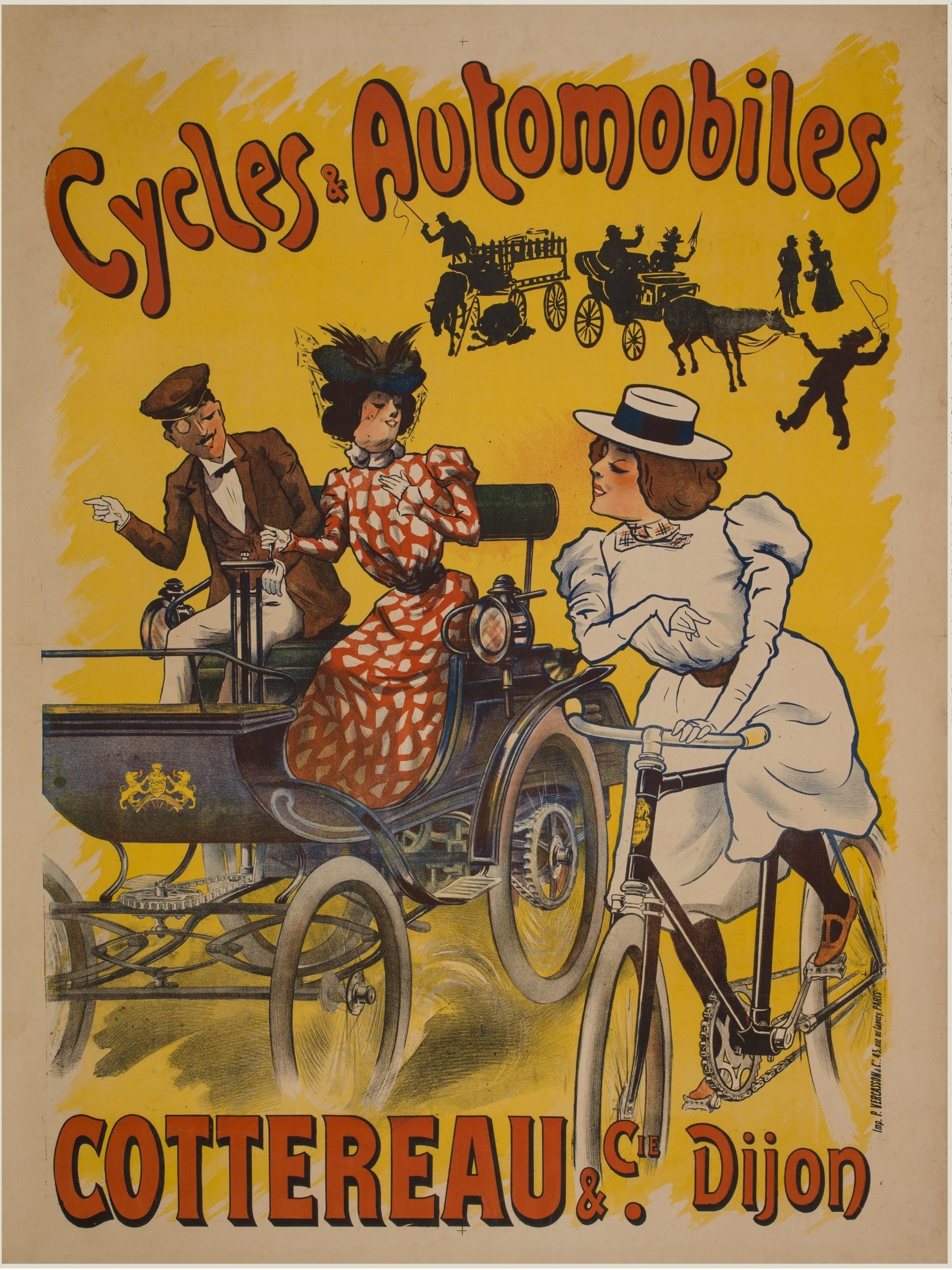 Plakat für Fahrräder und Automobile in Cottereau und Dijon, Frankreich, mit Menschen auf Fahrrädern und einer Kutsche mit "Fahrräder und Automobile" oben drauf.