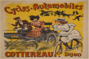Plakat für Fahrräder und Automobile in Cottereau und Dijon, Frankreich, mit Menschen auf Fahrrädern und einer Kutsche mit "Fahrräder und Automobile" oben drauf.