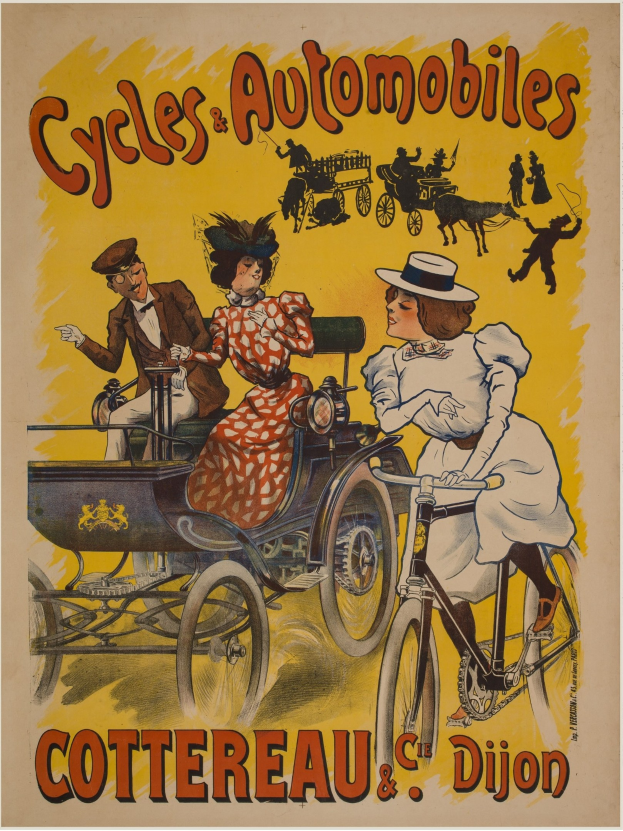 Plakat für Fahrräder und Automobile in Cottereau und Dijon, Frankreich, mit Menschen auf Fahrrädern und einer Kutsche mit "Fahrräder und Automobile" oben drauf.