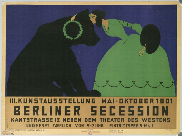 Plakat für die Berliner Secession mit einer Frau in einem grünen Kleid und einem Mann in einem schwarzen Anzug mit Textbeschreibung des Ereignisses.