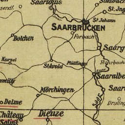 Detailierte Vintage-Karte von Saarbrücken, Deutschland, zeigt Straßen, Gebäude und Sehenswürdigkeiten mit klassischer Typografie.