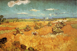 Ein Gemälde von Vincent Van Gogh mit dem Titel "Die Ernte", das ein Weizenfeld mit einer Gruppe von Menschen im Vordergrund zeigt, umgeben von Bäumen und einem bewölkten Himmel im Hintergrund.