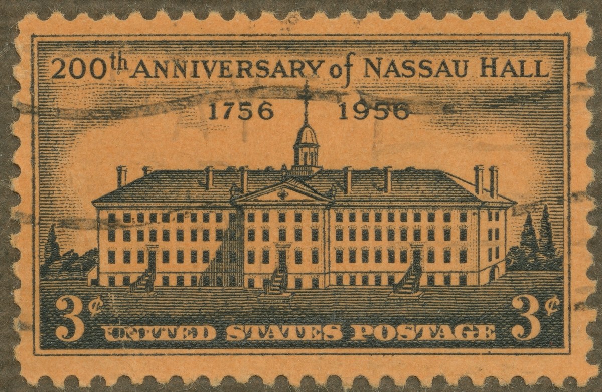 Poststempel zum 200-jährigen Jubiläum des Nassau Hall, zeigt eine Illustration des Gebäudes.