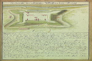 Ein altes Stadtplan von Stuttgart, Deutschland, mit einer zentralen Abbildung eines Schlosses und beschreibendem Text über seine Größe, Lage und andere Merkmale.