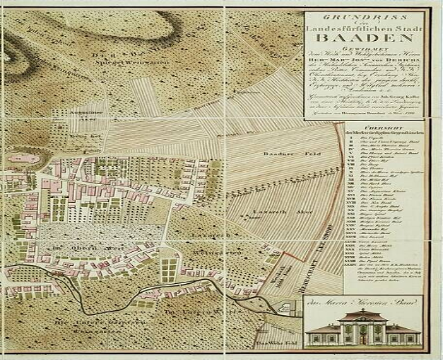 Alte detaillierte Karte von Baden-Württemberg, Deutschland, mit einem Gebäude in der rechten unteren Ecke, das Straßen, Gebäude und Sehenswürdigkeiten zeigt.