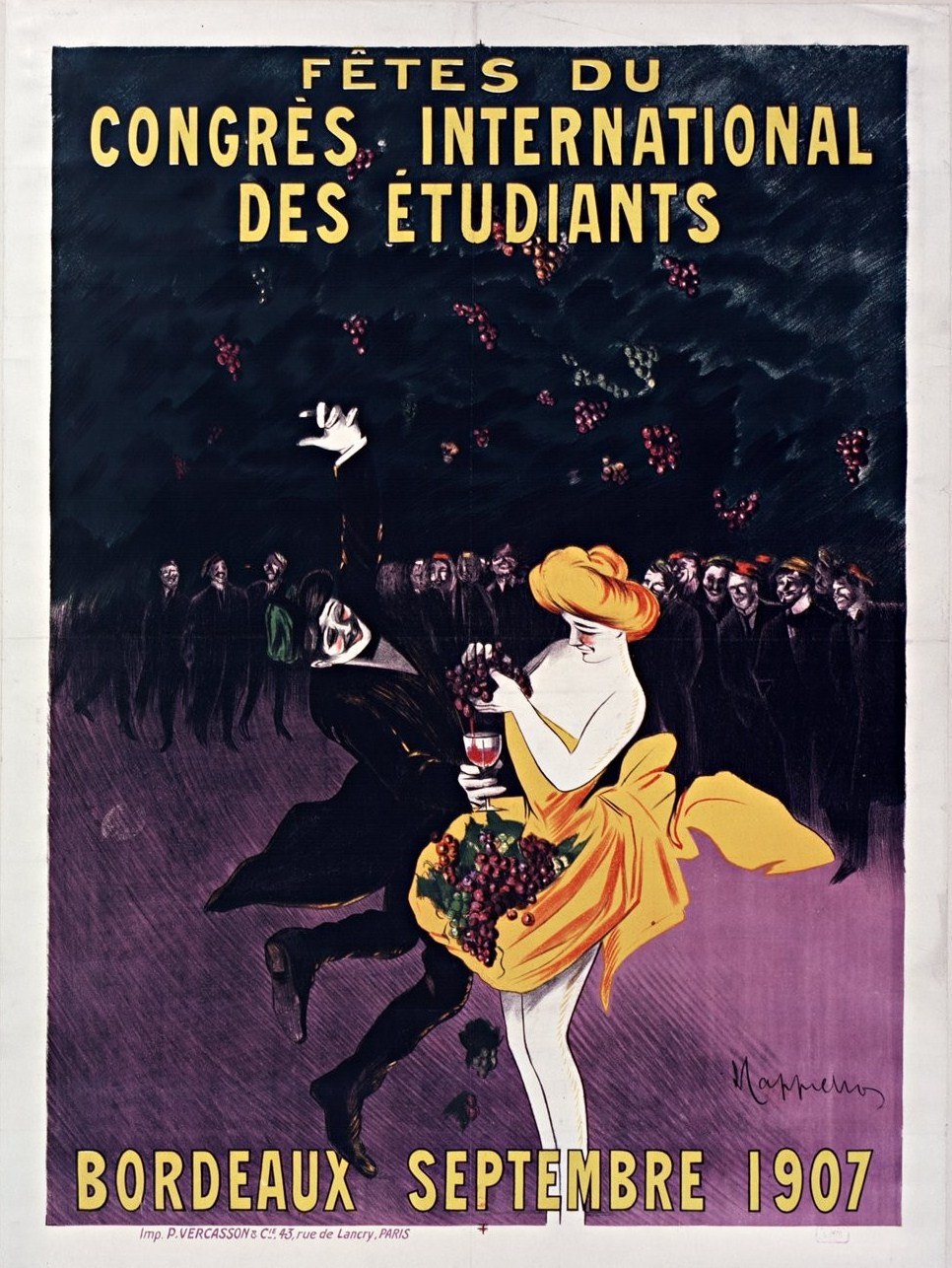 Plakat aus dem Jahr 1907 für eine Weinprobe in Bordeaux, Frankreich, das eine Frau in gelbem Kleid mit einem Weinglas zeigt, umgeben von einer Menge, mit Textdetails auf dem Plakat.