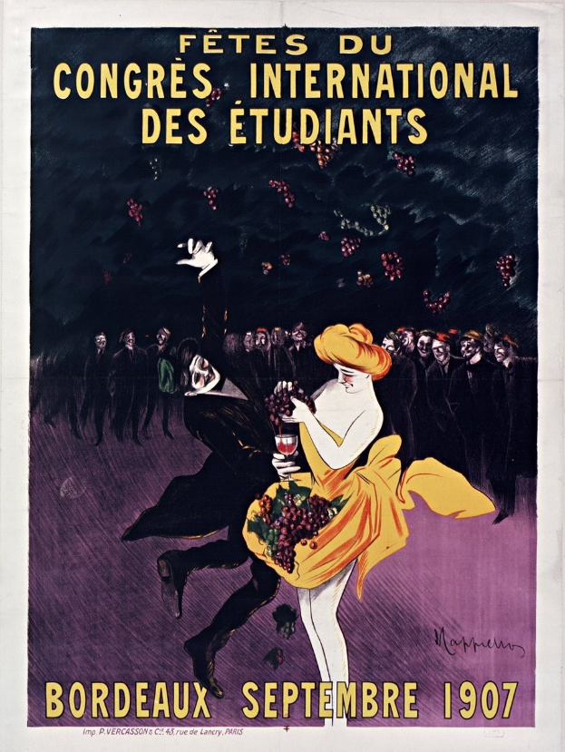 Plakat aus dem Jahr 1907 für eine Weinprobe in Bordeaux, Frankreich, das eine Frau in gelbem Kleid mit einem Weinglas zeigt, umgeben von einer Menge, mit Textdetails auf dem Plakat.