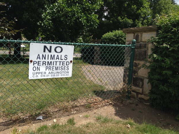 Ein Schild an einem Kettenzaun mit der Aufschrift "Keine Tiere erlaubt" umgeben von saftigem Grün, Pflanzen und Bäumen, mit einer Wand im Hintergrund und einem klaren blauen Himmel darüber.