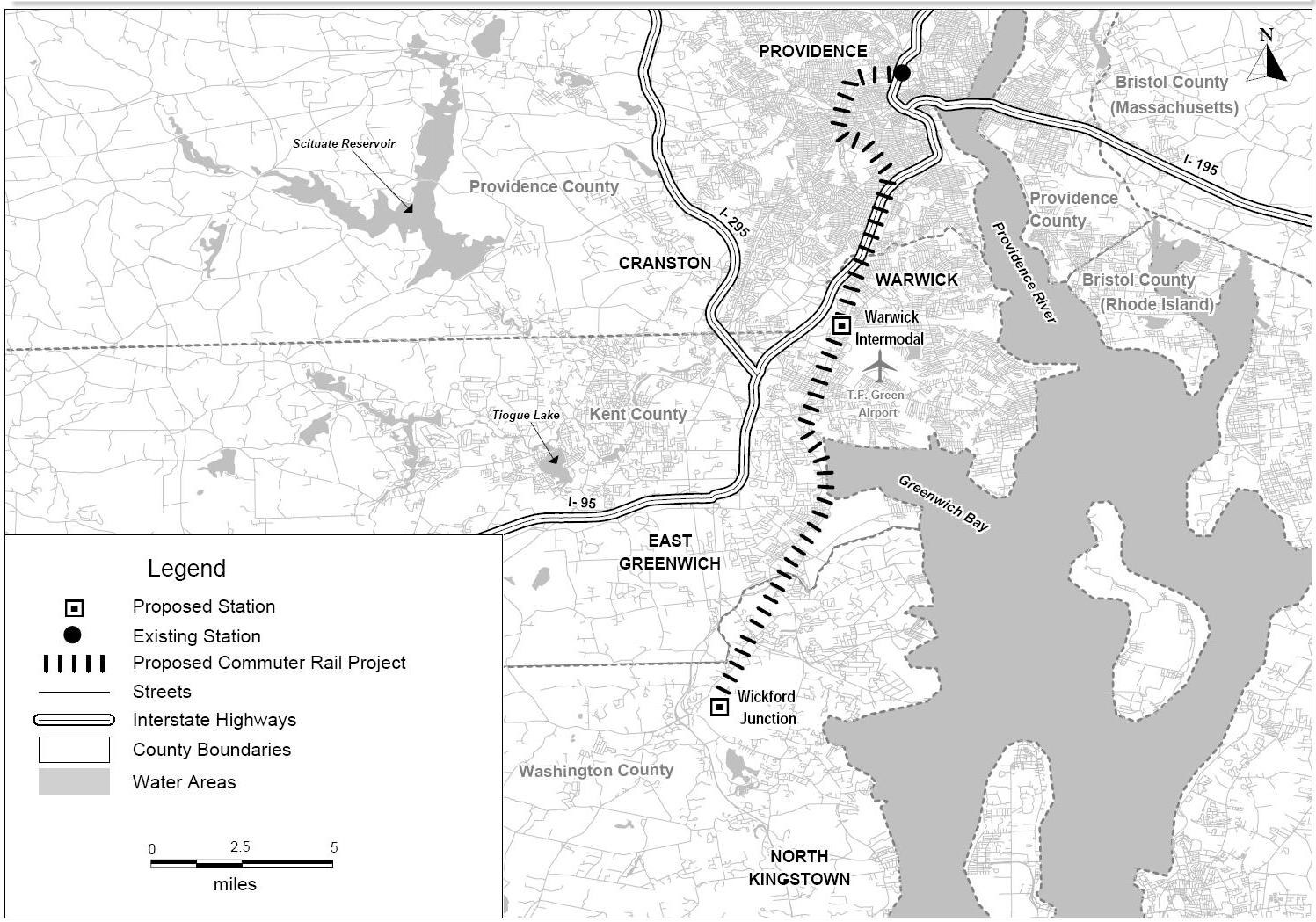 Schwarze und weiße Stadtkarte mit einem Fluss, beschriftet mit "Vorgeschlagenes S-Bahn-Projekt" auf der linken Seite, zeigt Straßen, Autobahnen und stadtinterne Merkmale.