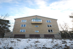 Ein schneebedecktes Gebäude mit Fenstern, einem Zaun und einer Gruppe von Bäumen unter einem bewölkten Himmel.