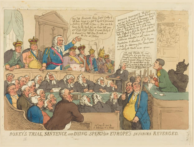 Cartoon einer Gerichtsszene mit dem Titel 'Boney's Trial, Sentence, and Dying Speech Europe's Injuries Revenged', das einen zentralen stehenden Mann und sitzende Figuren mit einem Tisch voller Gegenstände auf der rechten Seite zeigt.