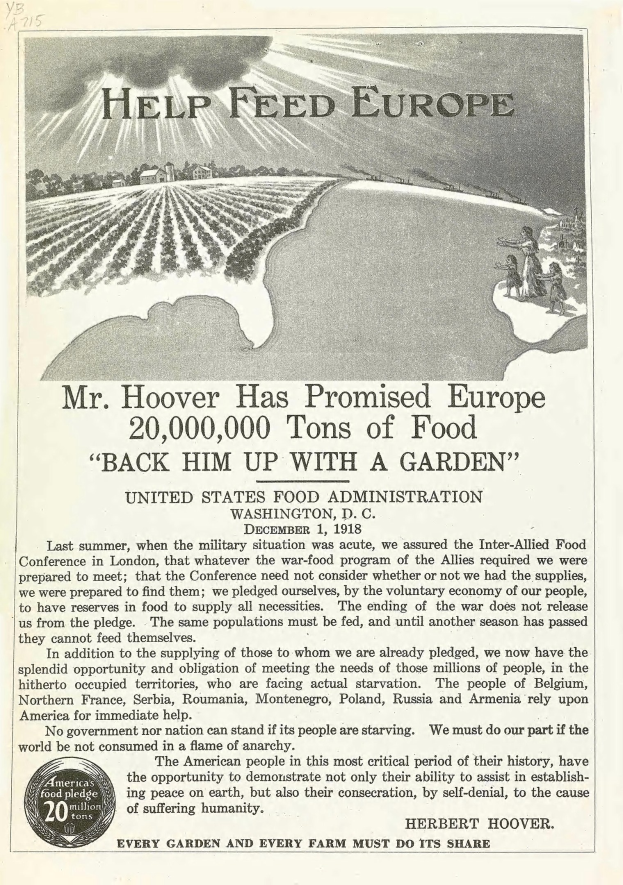 Plakatwerbung für Mr. Hoovers Initiative zur Unterstützung der europäischen Ernährung, mit Text und Bild.