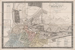 Ausführliche alte Karte von Weimar, Deutschland, die Straßen, Gebäude und Sehenswürdigkeiten zeigt, begleitet von Text über die Bevölkerung und Merkmale der Stadt.