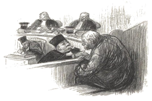 Eine Schwarz-Weiß-Zeichnung einer Gruppe von Menschen, vermutlich Anwälte, die um einen Tisch in einem Gerichtssaal sitzen, mit verschiedenen Gegenständen darauf und Text unten.