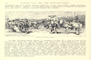 Ein Buchseite mit einer Illustration von Cowboys auf galoppierenden Pferden in einer grünen Wiese, mit dem Text "Ranch Life and the Hunting Trail".